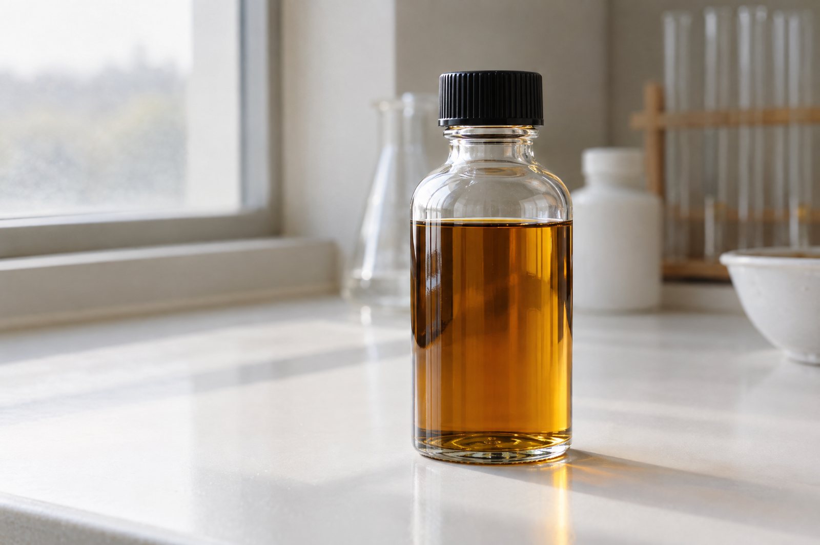 A crude oil sample bottle on a laboratory counter