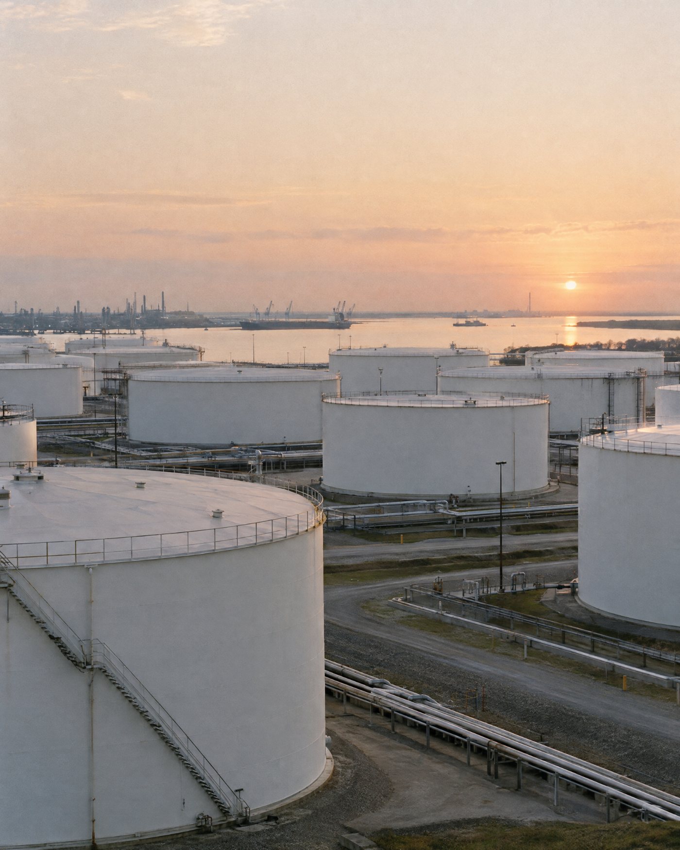 Crude oil storage tanks at a coastal terminal at dawn